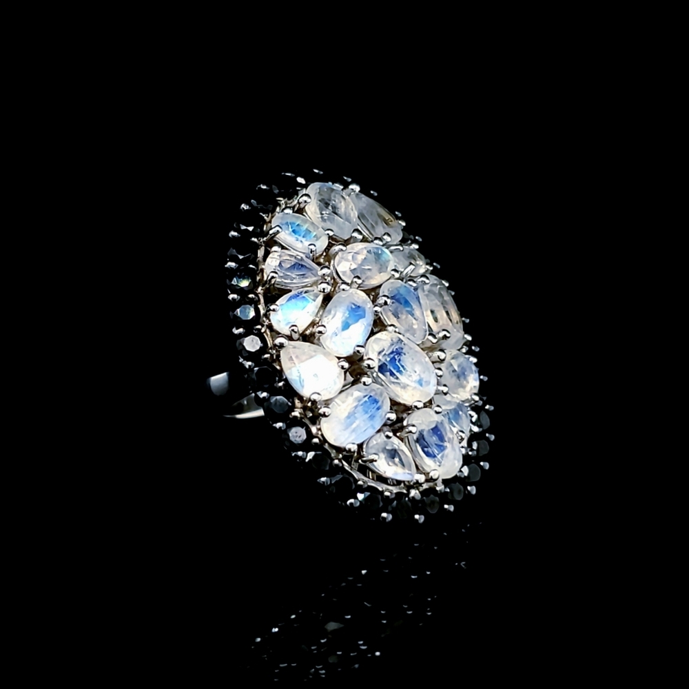 ⚫ Rainbow Moonstone Black Spinel Sterling Silver Ring